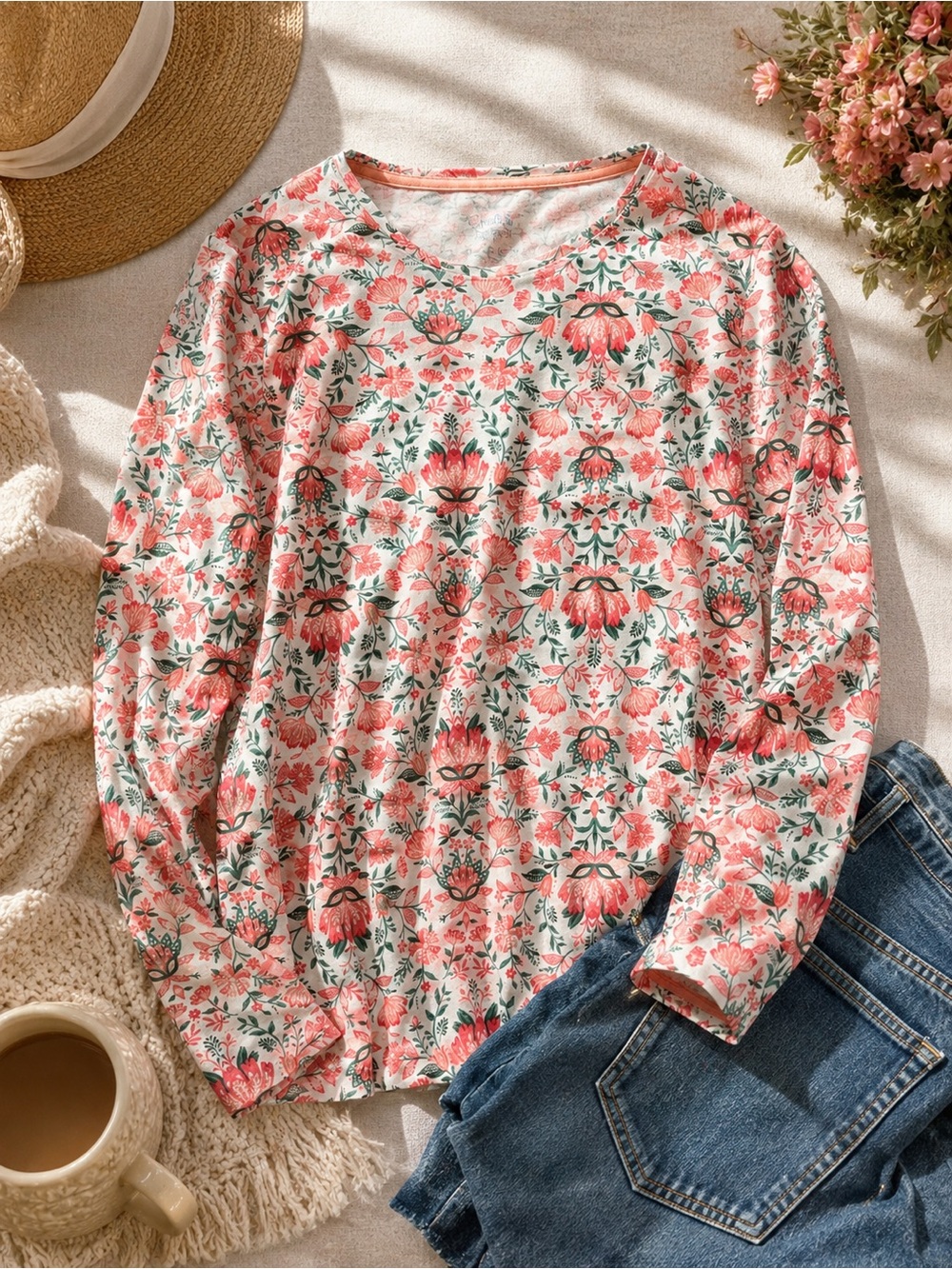 Croft & Barrow Classic Tee Medium Pink Floral Long Sleeve 100% Cotton Crew Neck